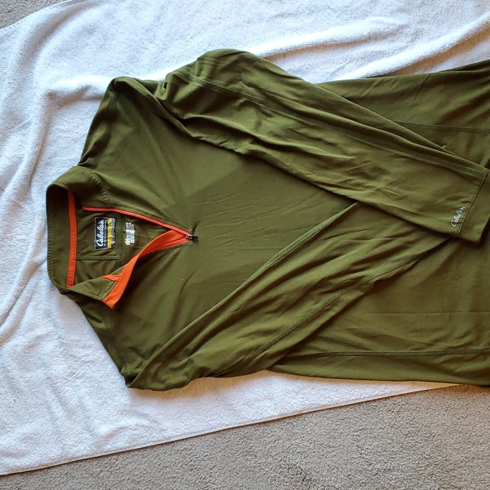 Cabella's DriRelease Long-sleeved Shirt Army Green W/Orange Size L TALL
